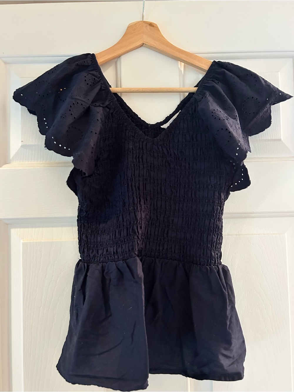Time and Tru Navy Eyelet Smocked Peplum Top